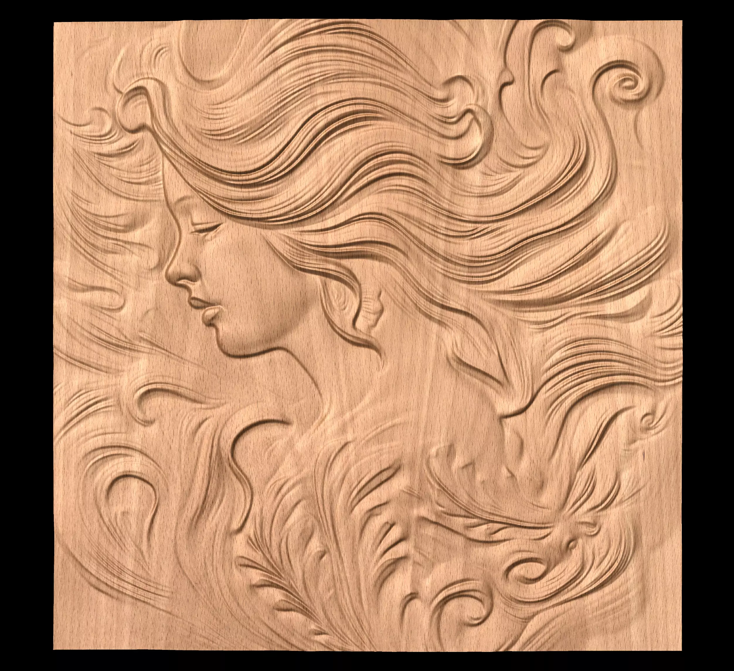 Girl with long hairs CNC bas-relief 3Dmodel wallart 3D print model_0