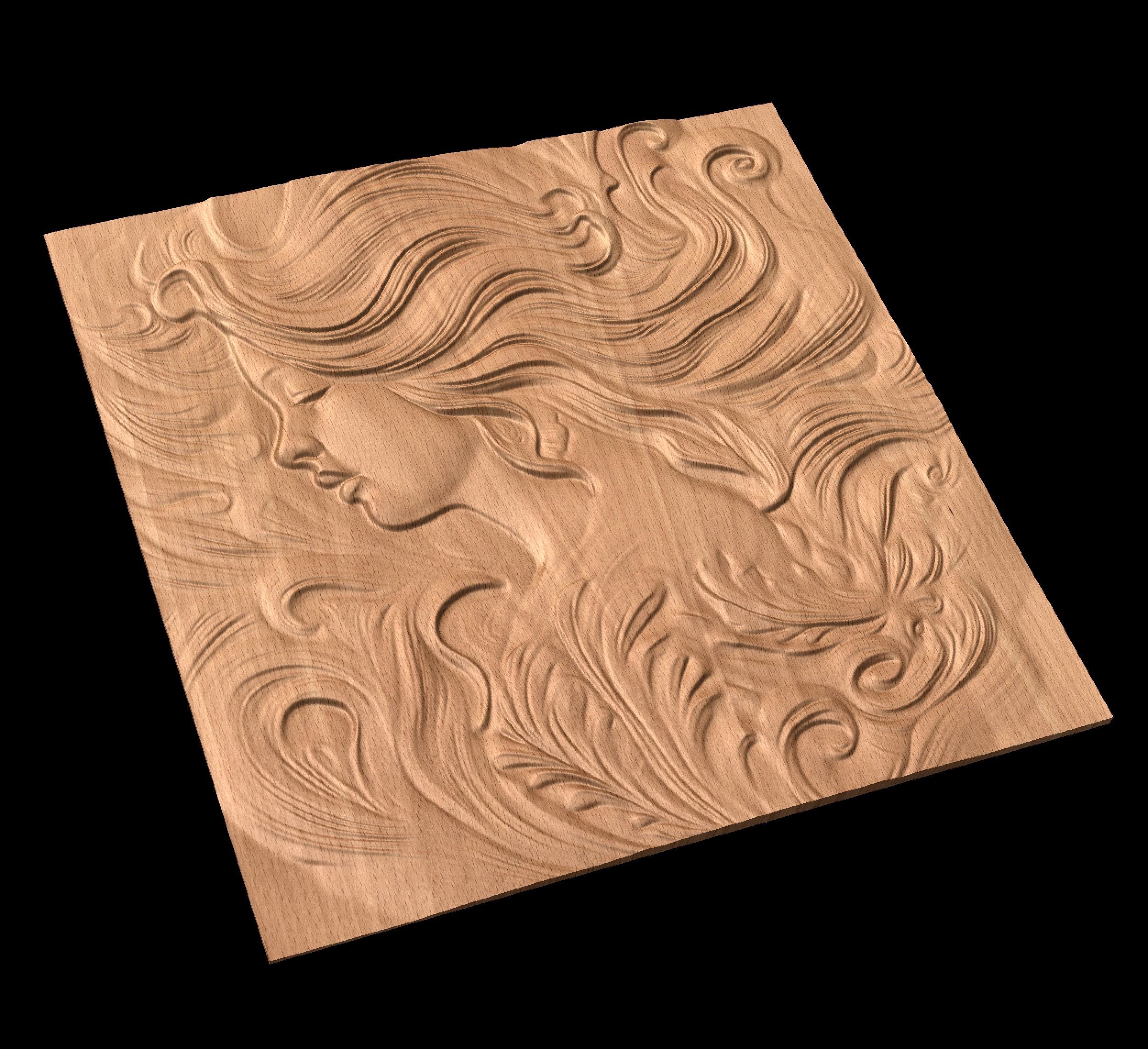 Girl with long hairs CNC bas-relief 3Dmodel wallart 3D print model_1