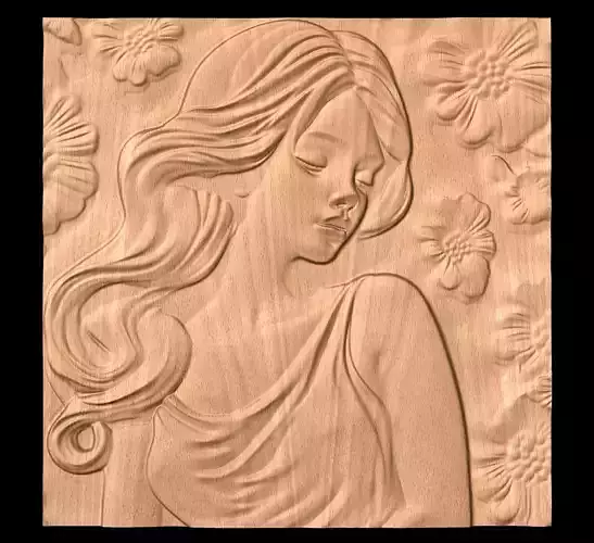 Girl with flowers in background CNC bas-relief 3Dmodel wallart