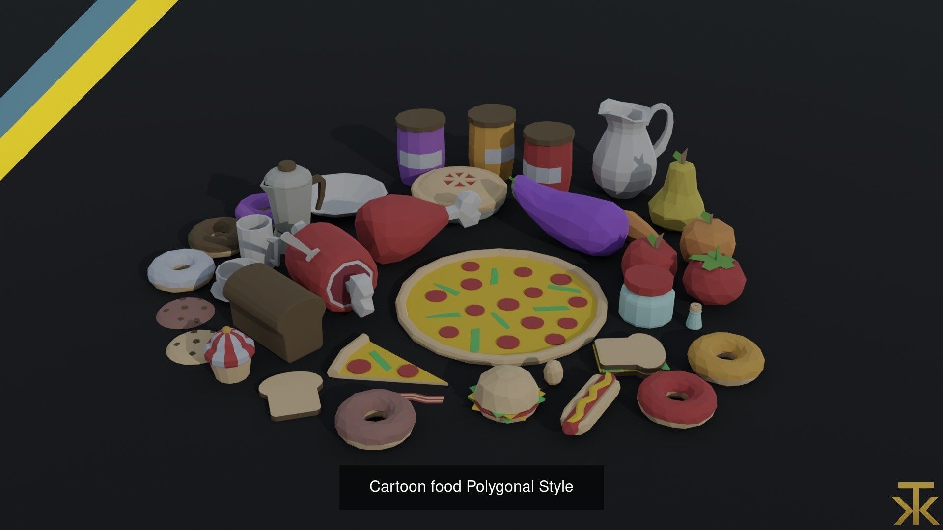 Cartoon food and drinks Polygonal Style 3D Model Collection_2