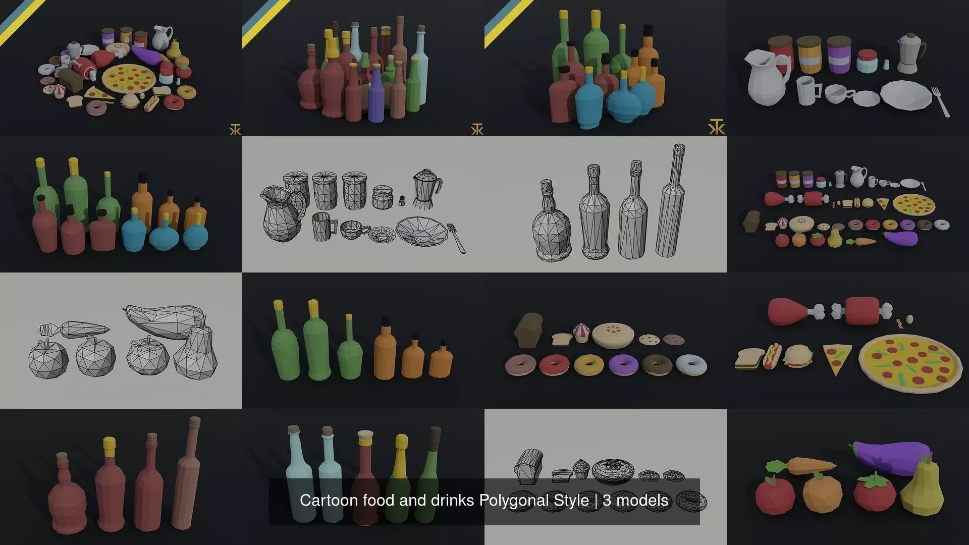Cartoon food and drinks Polygonal Style 3D Model Collection_1
