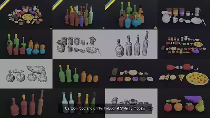 Cartoon food and drinks Polygonal Style