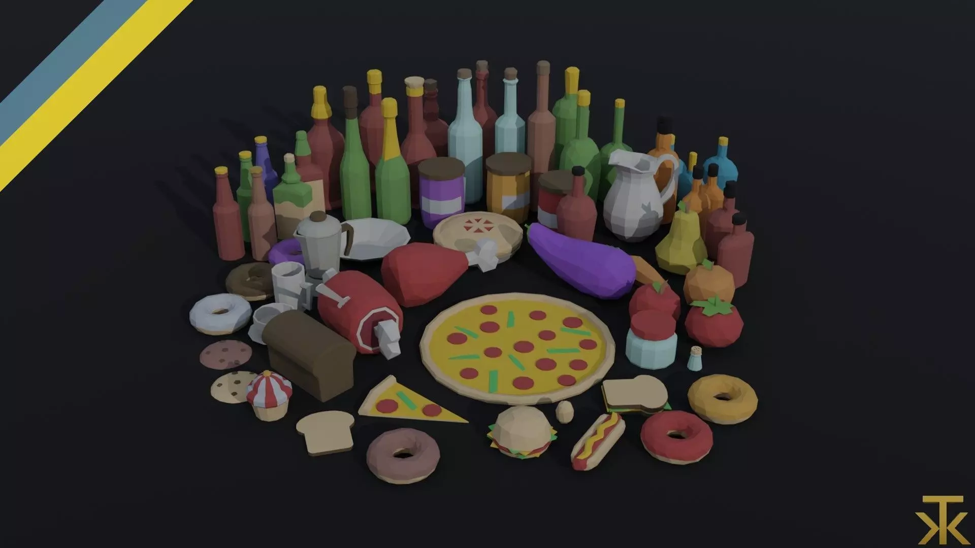 Cartoon food and drinks Polygonal Style 3D Model Collection_0