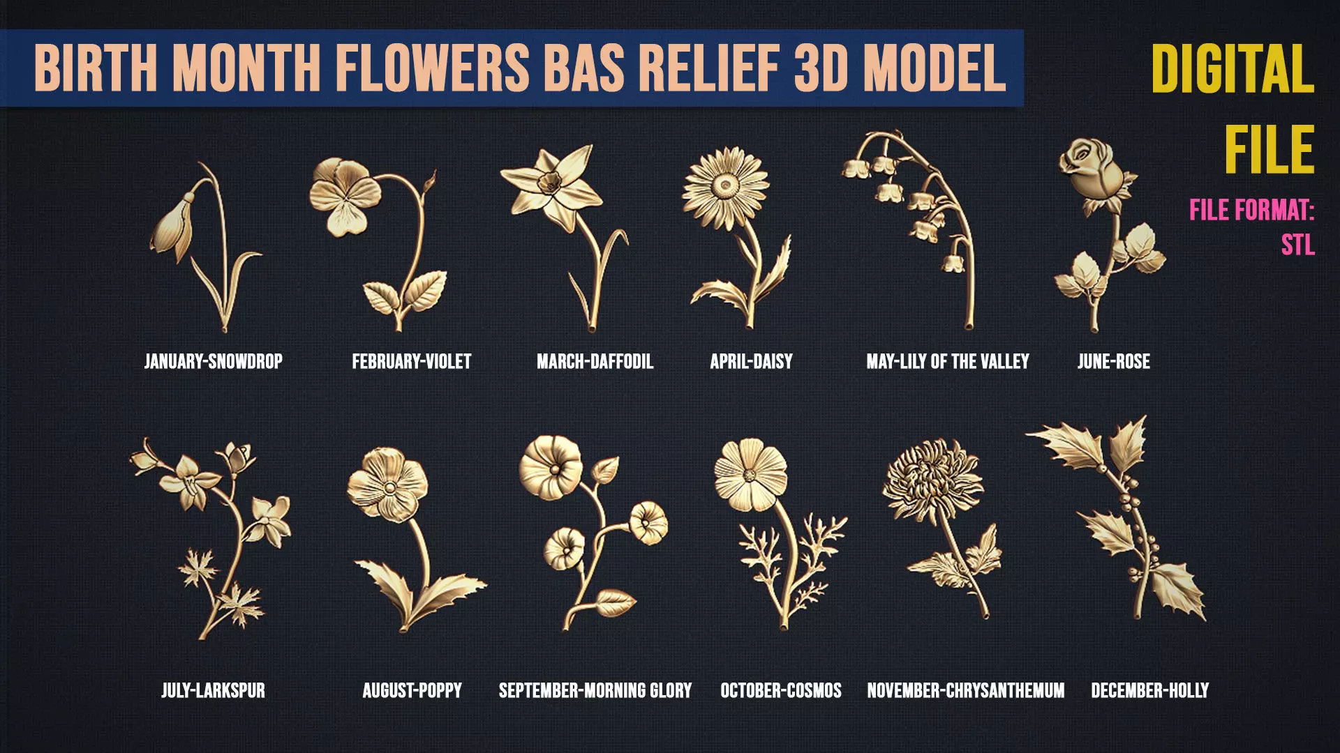 Birth Month Flowers Set Bas Relief 3D print model_0