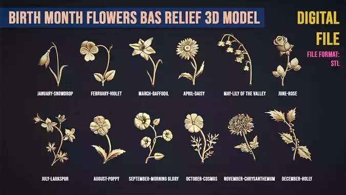 Birth Month Flowers Set Bas Relief 3D print model