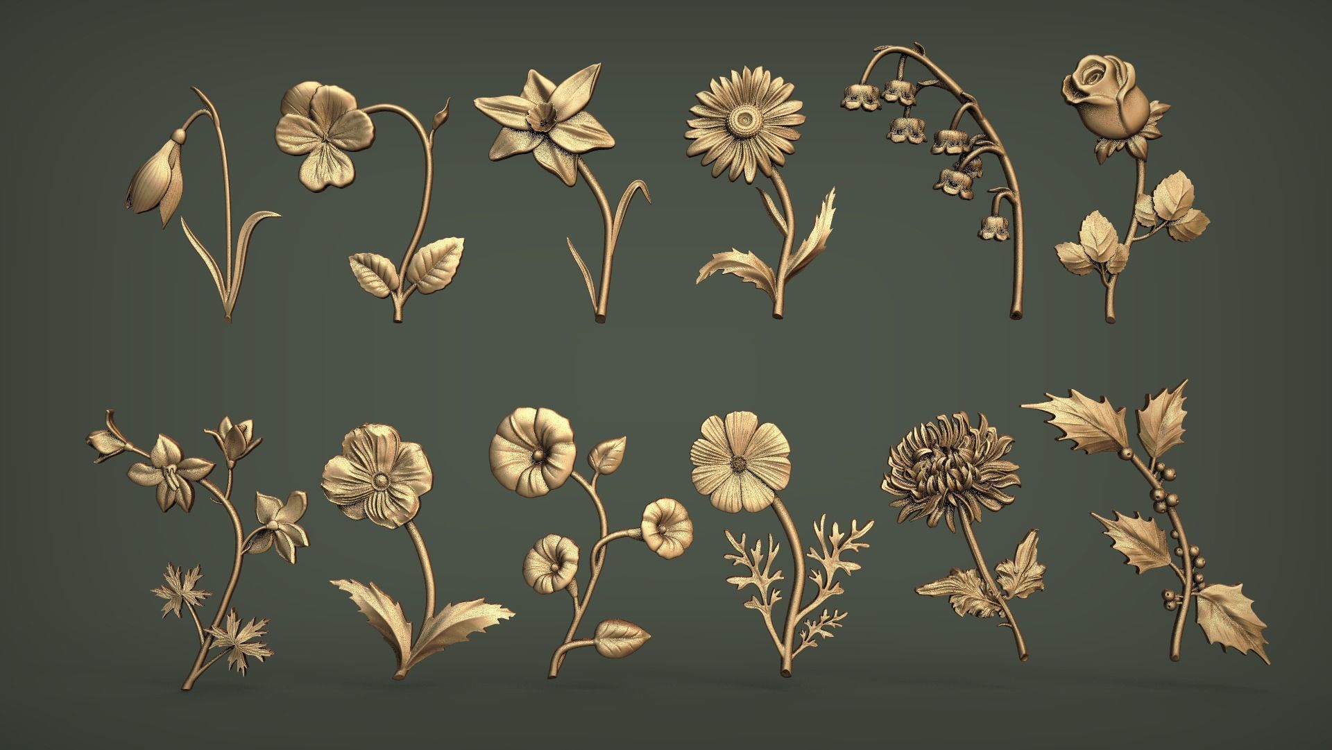 Birth Month Flowers Set Bas Relief 3D print model_2