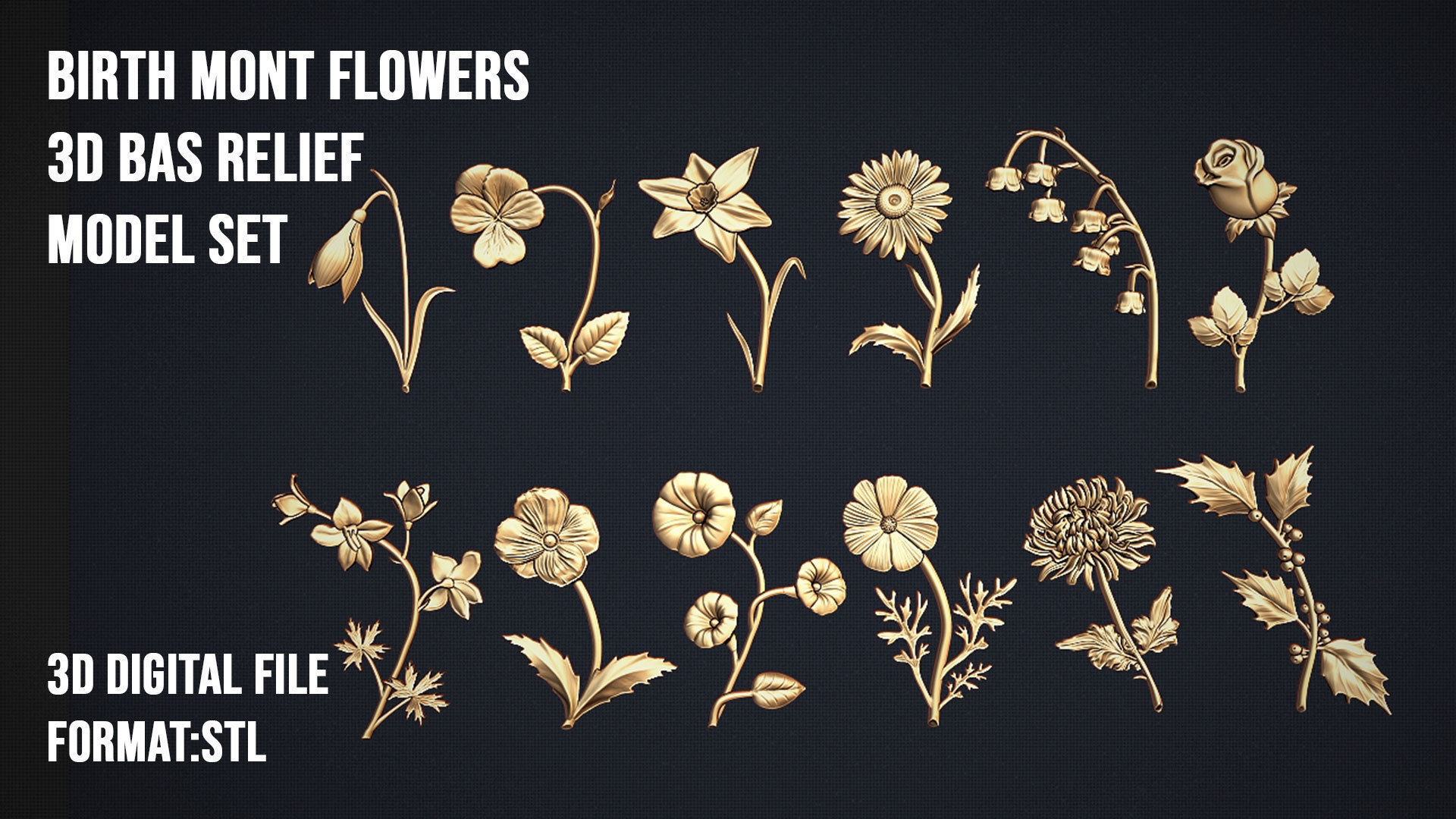 Birth Month Flowers Set Bas Relief 3D print model_12