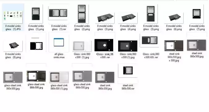 Our collection includes 14 3D models of glass kitchen sinks