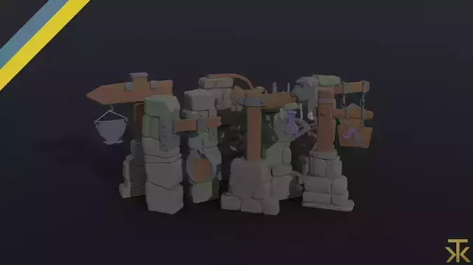 Cartoon fantasy road signs Polygonal Style 3D Model Collection