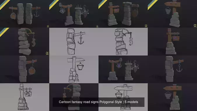 Cartoon fantasy road signs Polygonal Style