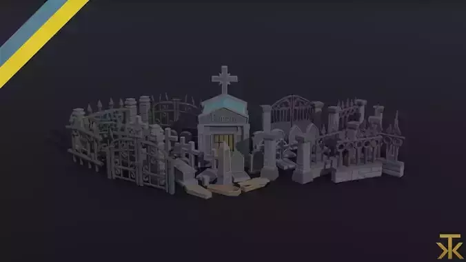 Cartoon fantasy cemetery asset Polygonal Style 3D Model Collection