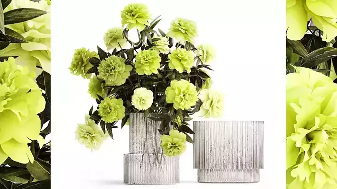 Realistic bouquet of green peony flowers in a vase 386