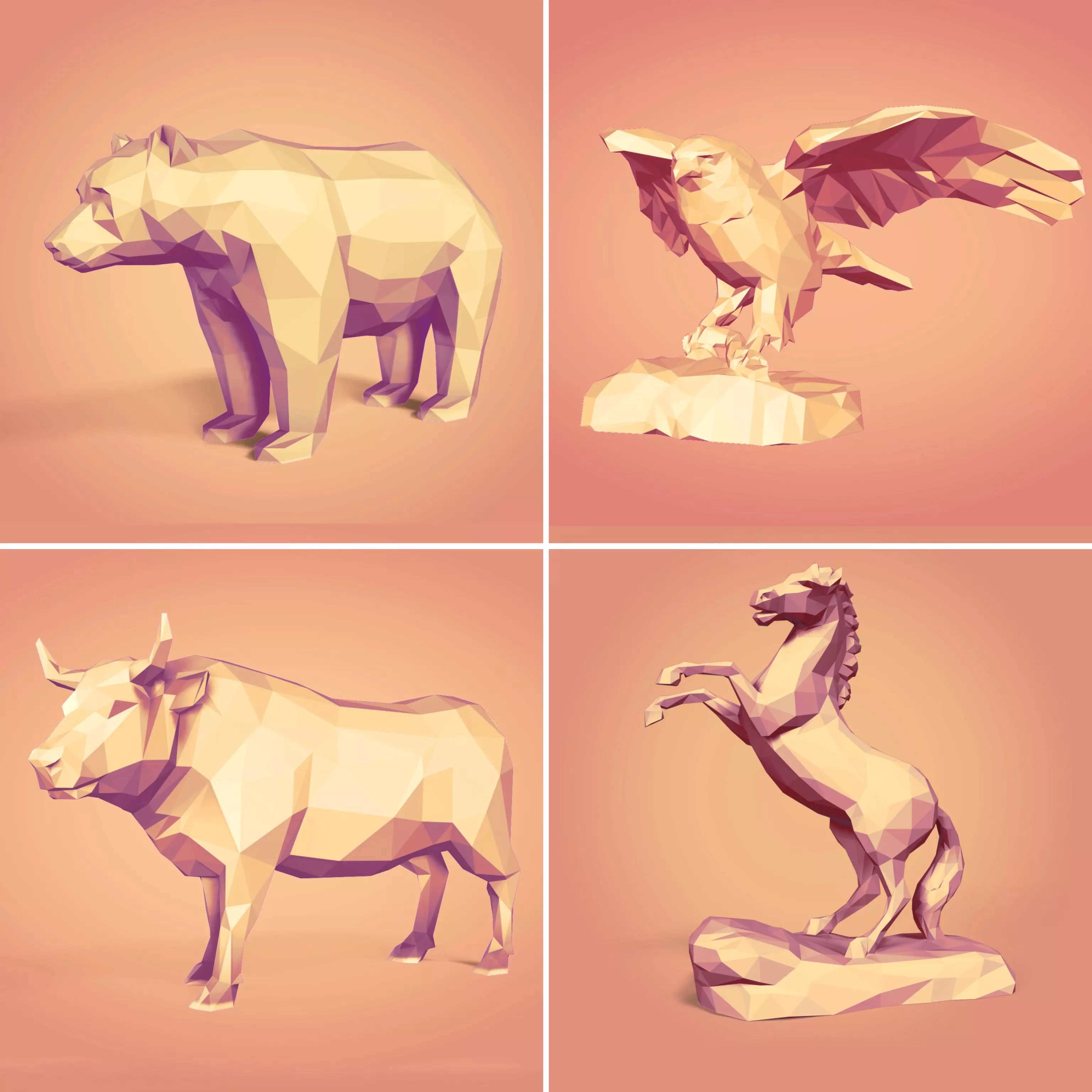 Lowpoly - Polygonal Statue Pack -- Bear - Bull - Eagle - Horse 3D print model_0