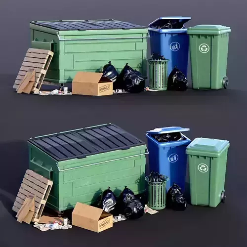 Trash Can Set Low-poly 3D model