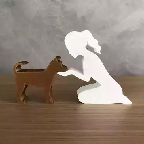 Girl and her dog - tied hair- for 3D printer or laser cut
