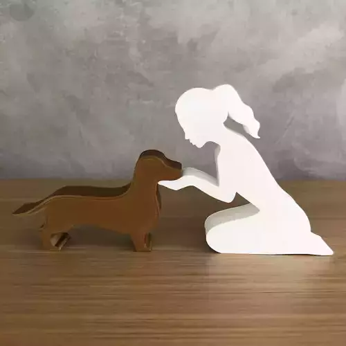 Girl and her dachshund -tied hair- for 3D printer or laser cut