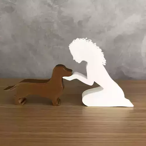 Girl and her dachshund - wavy hair- for 3D printer or laser cut