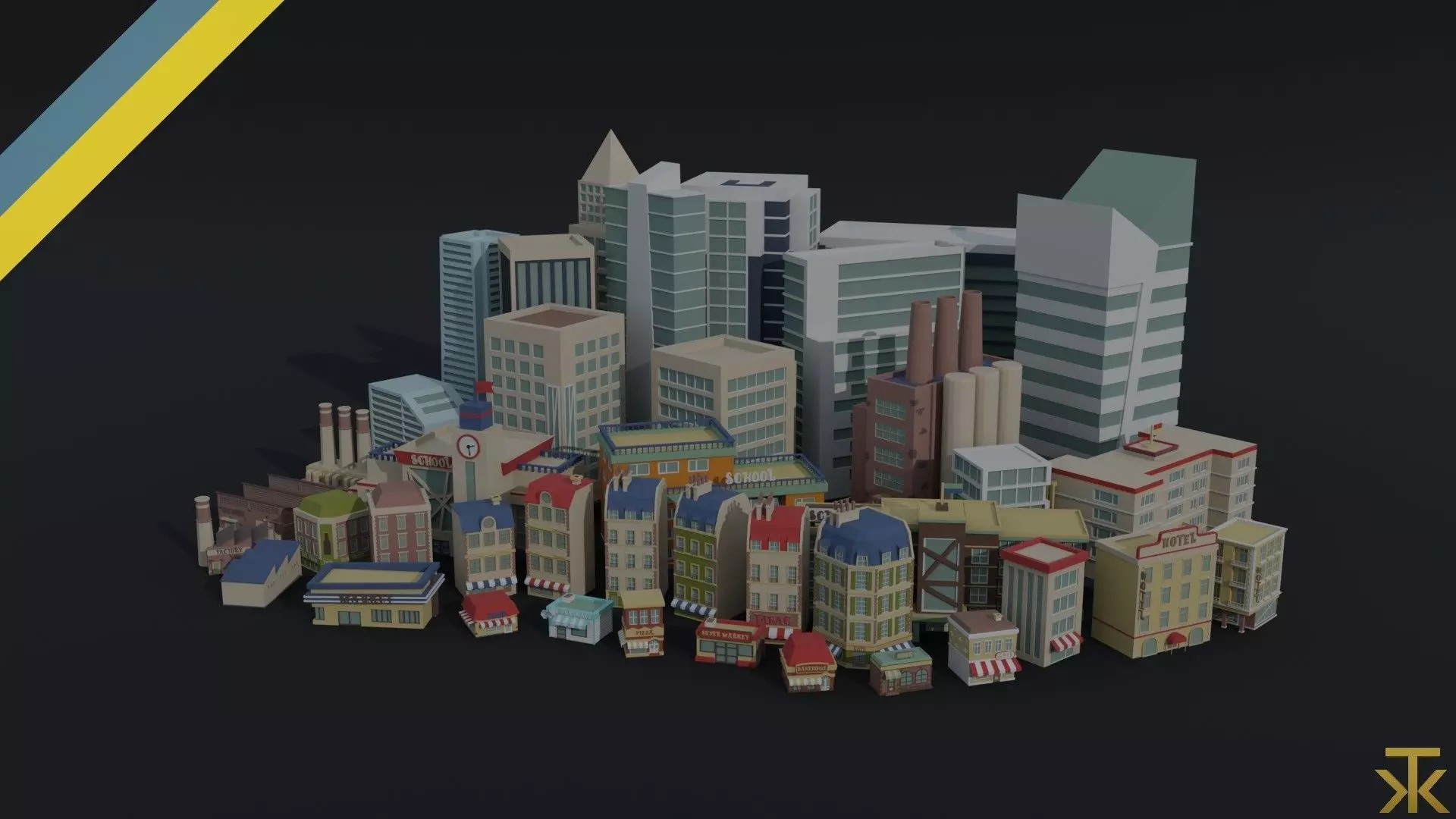 Cartoon City Asset Polygonal Style 3D Model Collection_0