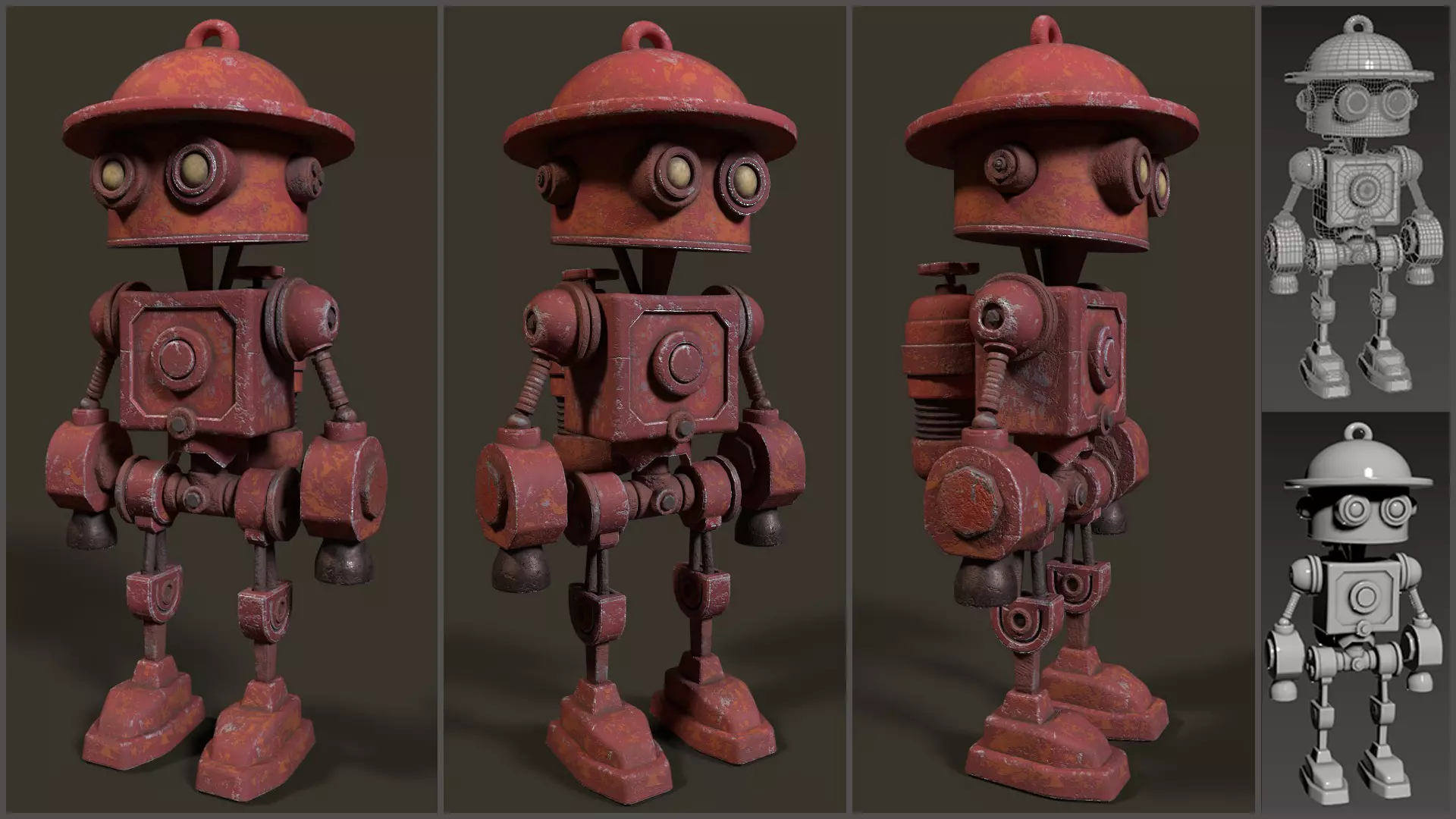 Stylized Cartoony Rusty Fireman Robot Low-poly 3D model_0