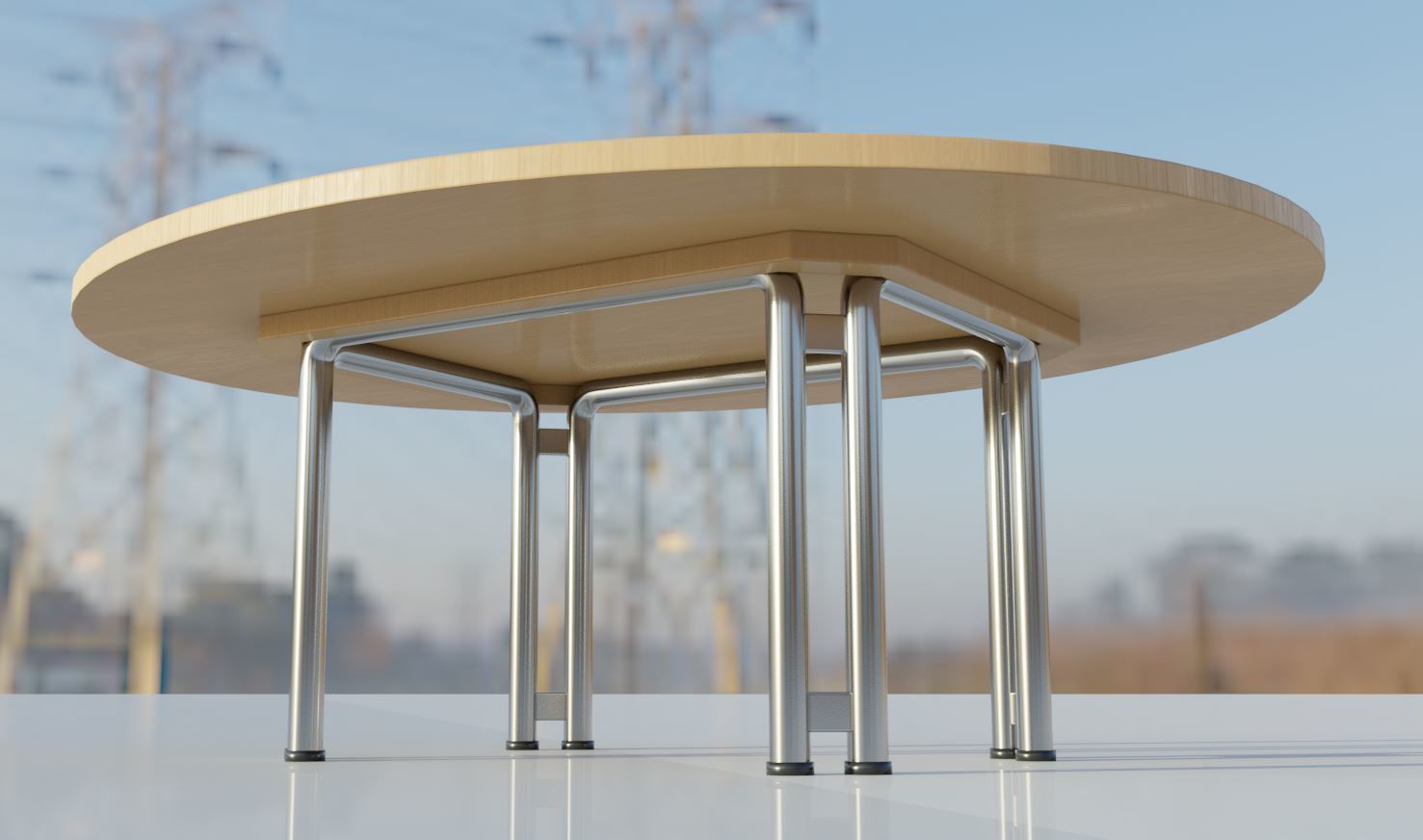 Metal Base Oval Wood Table 3D model_5