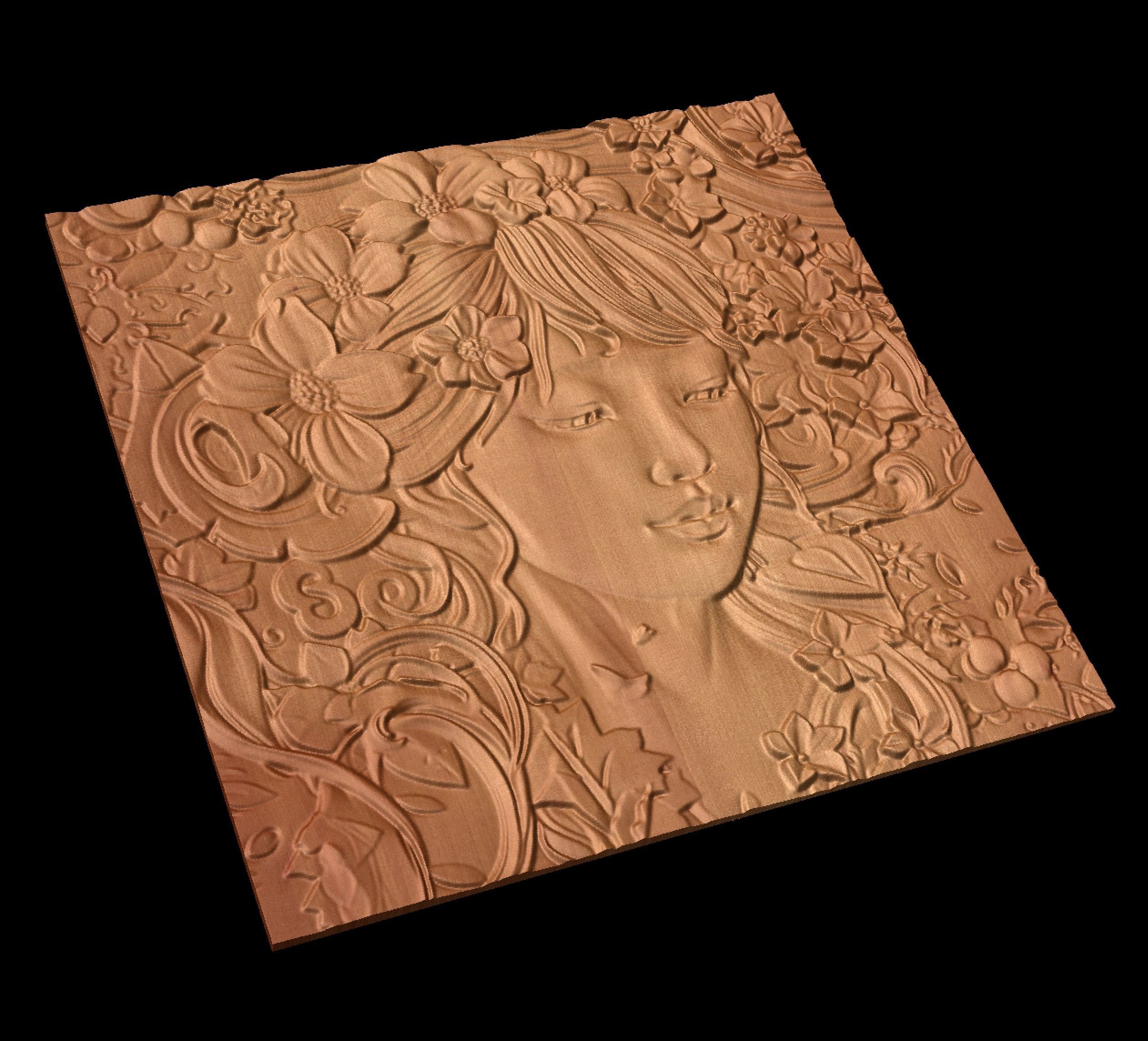 Japanese anime girl with flowers2 CNC 3D model 3D print model_1