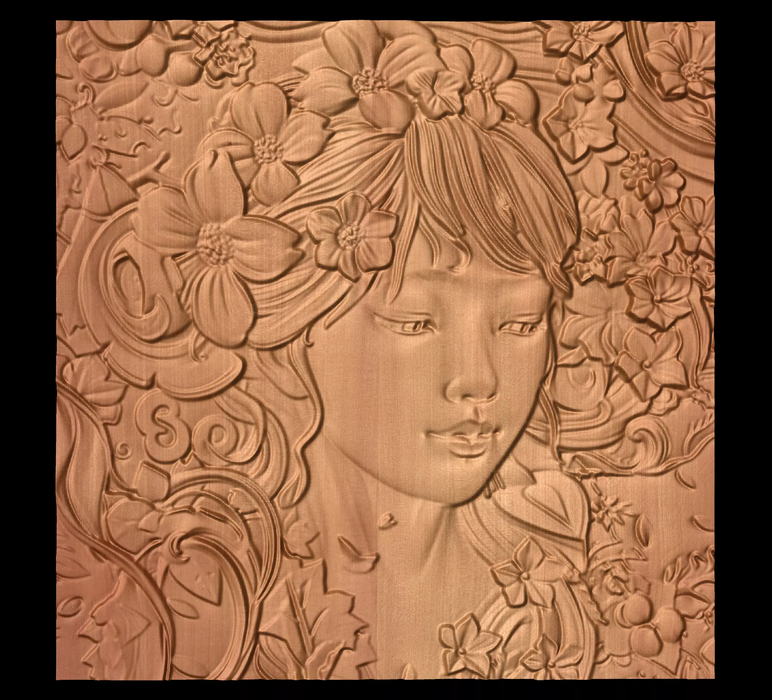 Japanese anime girl with flowers2 CNC 3D model 3D print model_0