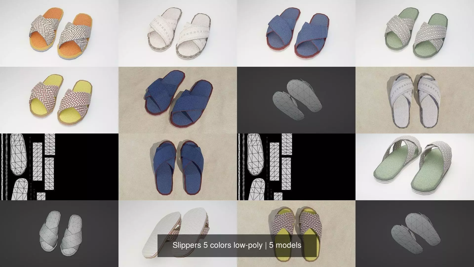Slippers 5 colors low-poly 3D Model Collection_6