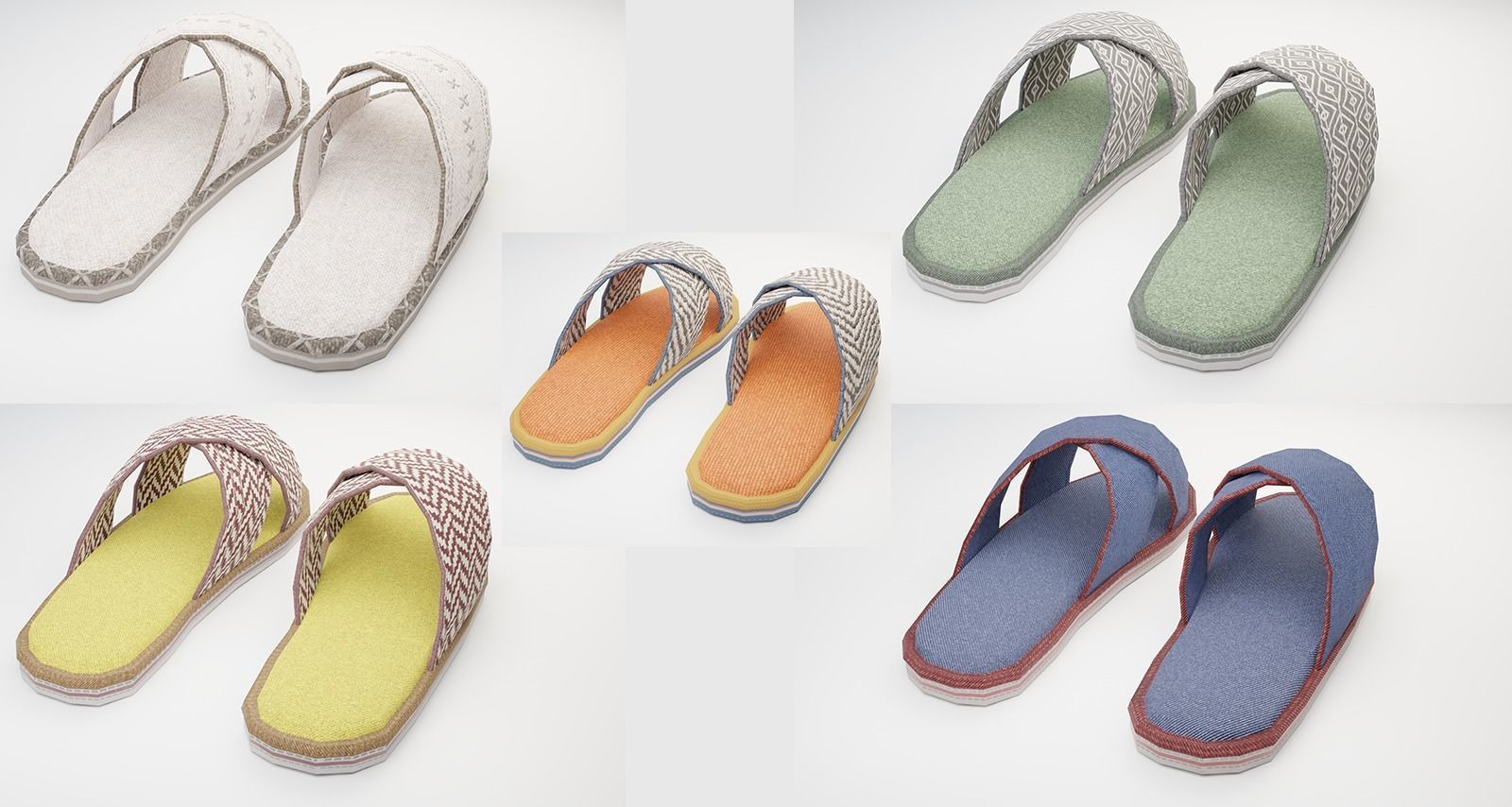 Slippers 5 colors low-poly 3D Model Collection_8