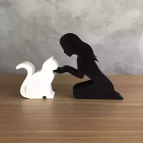 Girl and her cat -straight hair- for 3D printer or laser cut