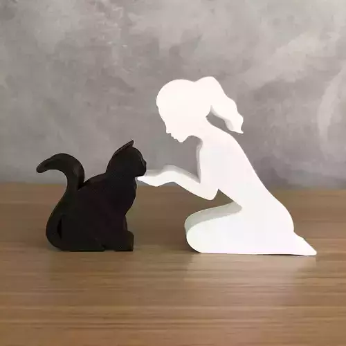 Girl and her cat -tied hair- for 3D printer or laser cut