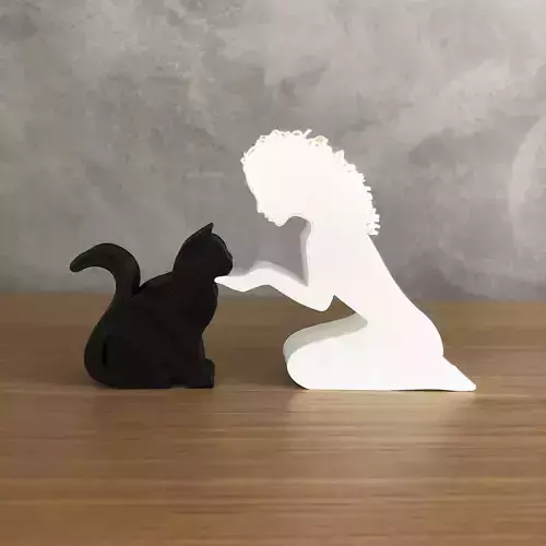 Girl and her cat -wavy hair- for 3D printer or laser cut