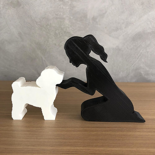 Girl and her poodle -tied hair- for 3D printer or laser cut 3D print model