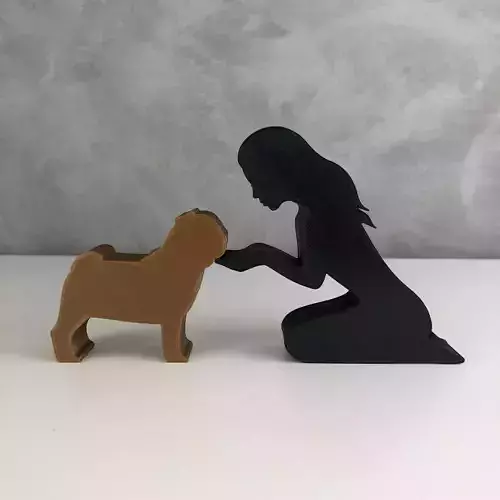 Girl and her pug -straight hair- for 3D printer or laser cut 3D print model