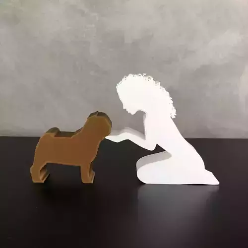 Girl and her pug -wavy hair- for 3D printer or laser cut