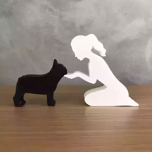 Girl and her french bulldog -tied hair- for 3D printer 