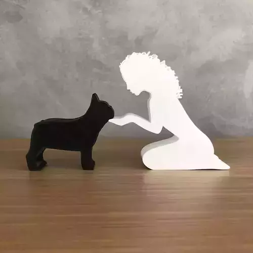 Girl and her french bulldog -wavy hair- for 3D printer 