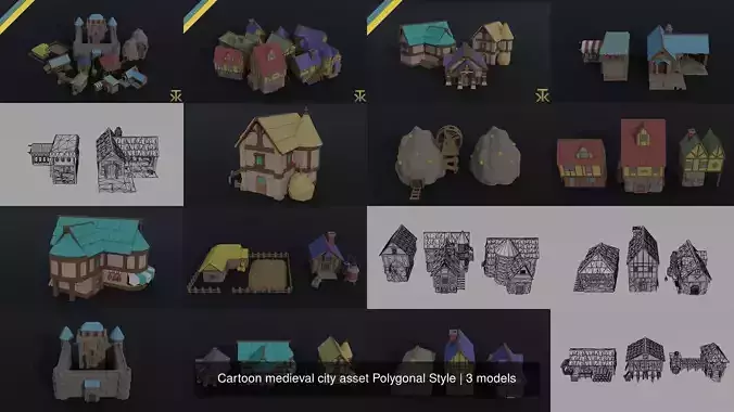Cartoon medieval city asset Polygonal Style