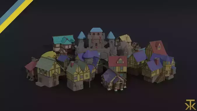 Cartoon medieval city asset Polygonal Style 3D Model Collection