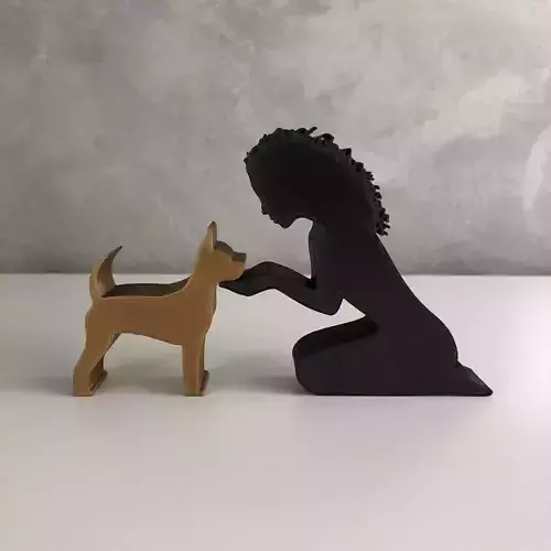 Girl and her Pinscher -wavy hair- for 3D printer or laser cut