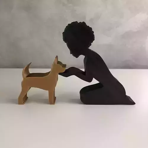 Girl and her Pinscher -afro hair- for 3D printer or laser cut