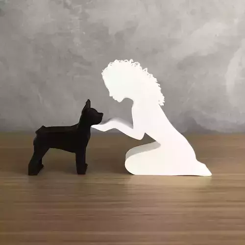 Girl and her Pinscher -wavy hair- for 3D printer or laser cut