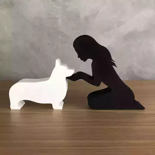 Girl and her Corgi -straight hair- for 3D printer 