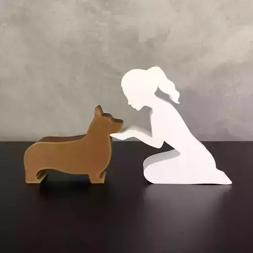 Girl and her Corgi -tied hair- for 3D printer or laser cut