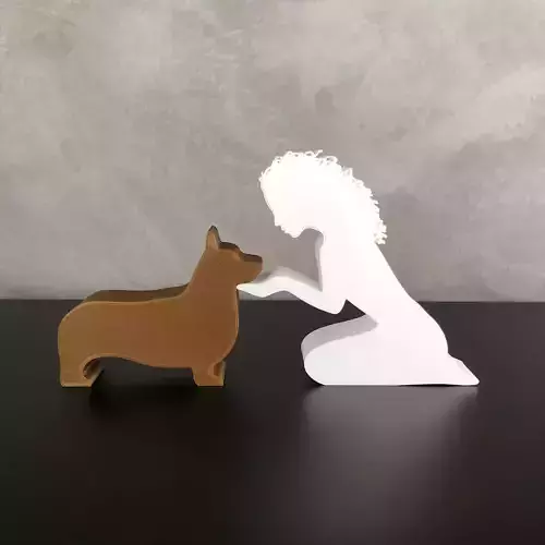 Girl and her Corgi -wavy hair- for 3D printer or laser cut