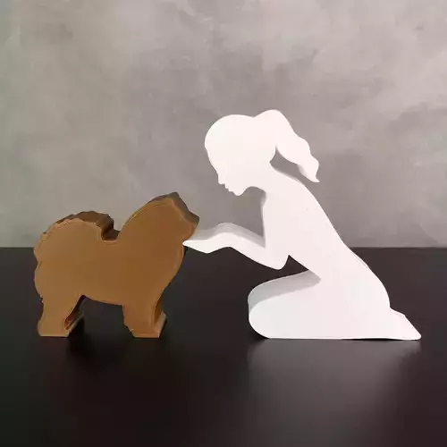 Girl and her Chow Chow -tied hair- for 3D printer or laser cut 3D print model