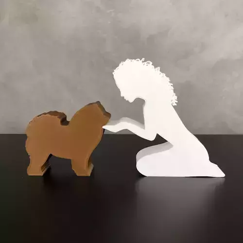 Girl and her Chow Chow -wavy hair- for 3D printer or laser cut 3D print model
