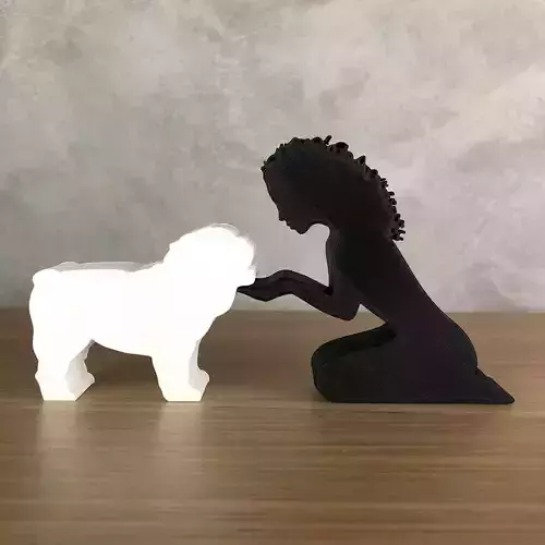 Girl and her Bulldog -wavy hair- for 3D printer or laser cut