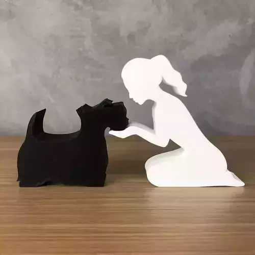 Girl and her Scottish Terrier -tied hair- for 3D printer 