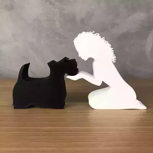 Girl and her Scottish Terrier -wavy hair- for 3D printer 