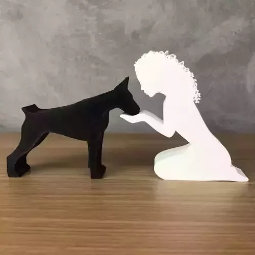 Girl and her Doberman -wavy hair- for 3D printer or laser cut